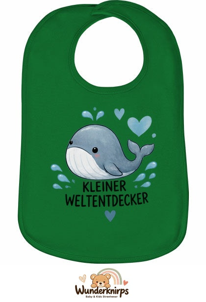 Baby-Lätzchen Olli-01 in Grün mit Motiv Kleiner Weltentdecker – Wal