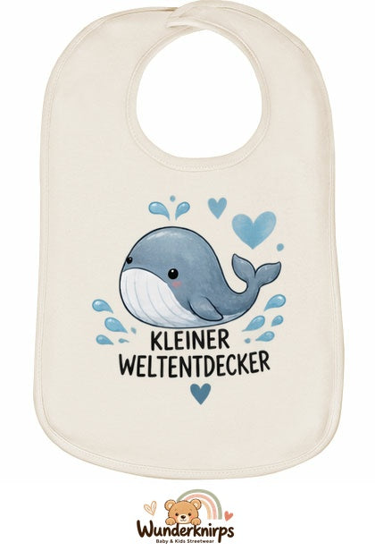 Baby-Lätzchen Olli-01 in Natur mit Motiv Kleiner Weltentdecker – Wal