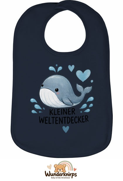 Baby-Lätzchen Olli-01 in Marineblau mit Motiv Kleiner Weltentdecker – Wal