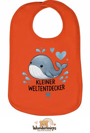 Baby-Lätzchen Olli-01 in Orange mit Motiv Kleiner Weltentdecker – Wal