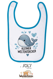 Baby-Lätzchen SOL’S Babib in Weiß / Aqua mit Motiv Kleiner Weltentdecker – Wal
