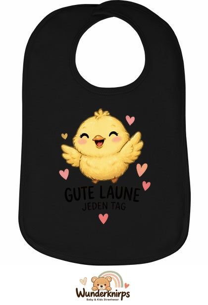 Baby-Lätzchen Olli-01 in Schwarz mit Motiv Gute Laune – Küken