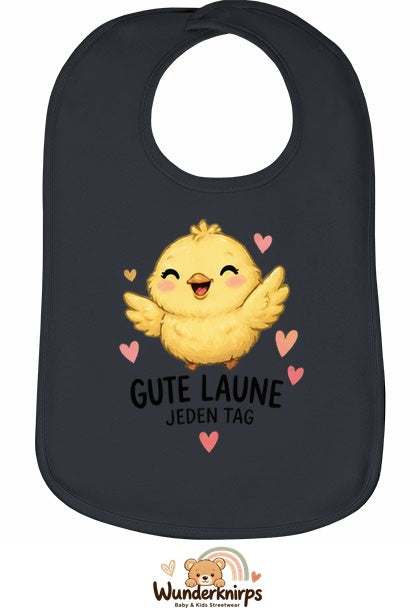 Baby-Lätzchen Olli-01 in Anthrazit mit Motiv Gute Laune – Küken