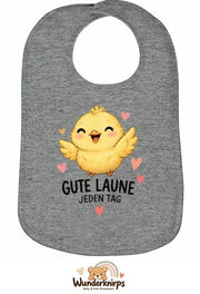 Baby-Lätzchen Olli-01 in Grau meliert mit Motiv Gute Laune – Küken