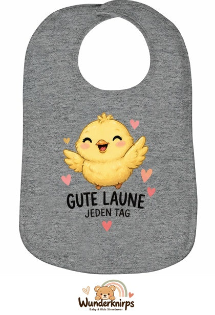 Baby-Lätzchen Olli-01 in Grau meliert mit Motiv Gute Laune – Küken