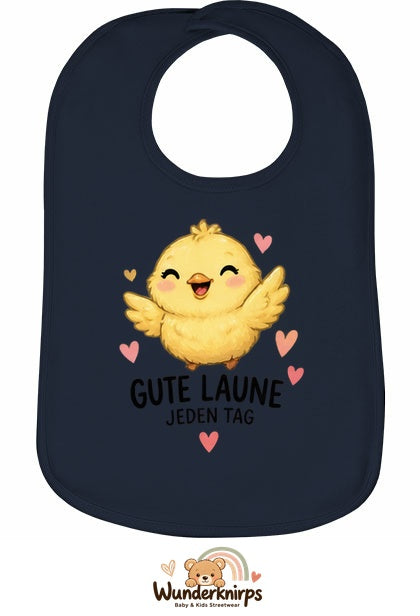Baby-Lätzchen Olli-01 in Marineblau mit Motiv Gute Laune – Küken