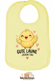 Baby-Lätzchen Olli-01 in Pastellgelb mit Motiv Gute Laune – Küken