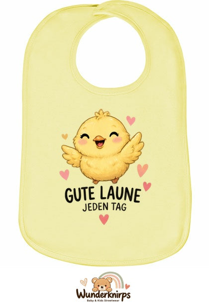 Baby-Lätzchen Olli-01 in Pastellgelb mit Motiv Gute Laune – Küken