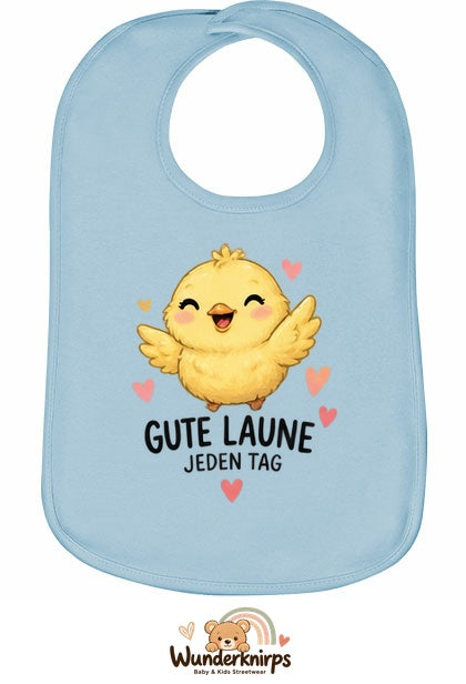 Baby-Lätzchen Olli-01 in Pastellblau mit Motiv Gute Laune – Küken