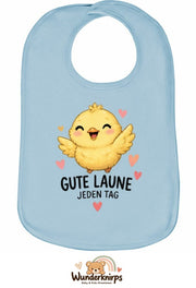 Baby-Lätzchen Olli-01 in Pastellblau mit Motiv Gute Laune – Küken