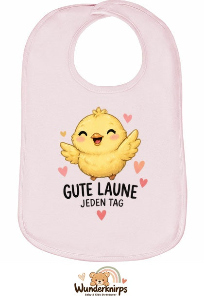 Baby-Lätzchen Olli-01 in Pastellrosa mit Motiv Gute Laune – Küken