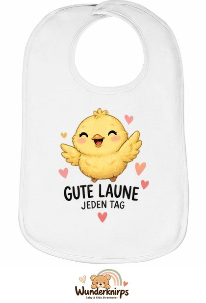 Baby-Lätzchen Olli-01 in Weiß mit Motiv Gute Laune – Küken