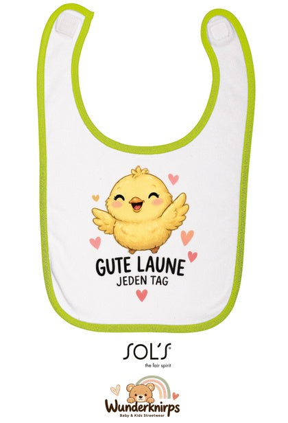 Baby-Lätzchen SOL’S Babib in Weiß / Apfelgrün mit Motiv Gute Laune – Küken