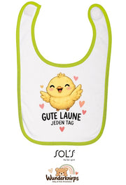 Baby-Lätzchen SOL’S Babib in Weiß / Apfelgrün mit Motiv Gute Laune – Küken