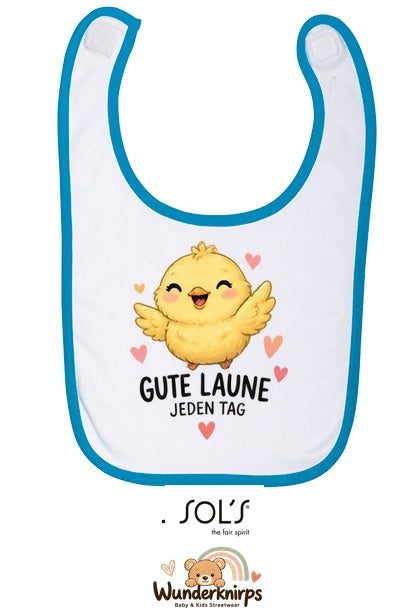 Baby-Lätzchen SOL’S Babib in Weiß / Aqua mit Motiv Gute Laune – Küken