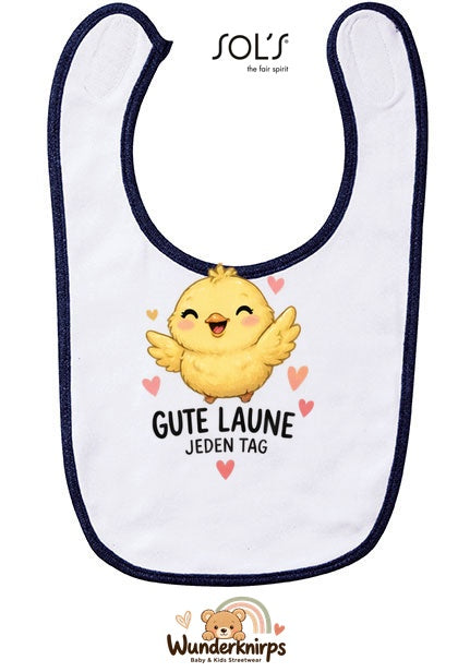 Baby-Lätzchen SOL’S Babib in Weiß / Marineblau mit Motiv Gute Laune – Küken