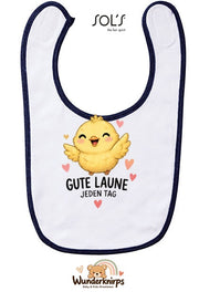 Baby-Lätzchen SOL’S Babib in Weiß / Marineblau mit Motiv Gute Laune – Küken