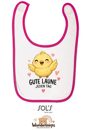 Baby-Lätzchen SOL’S Babib in Weiß / Fuchsia mit Motiv Gute Laune – Küken