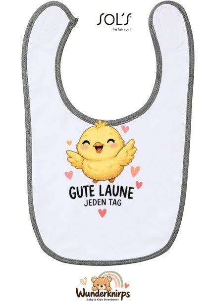 Baby-Lätzchen SOL’S Babib in Weiß / Grau meliert mit Motiv Gute Laune – Küken