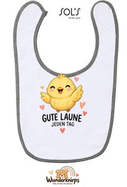 Baby-Lätzchen SOL’S Babib in Weiß / Grau meliert mit Motiv Gute Laune – Küken
