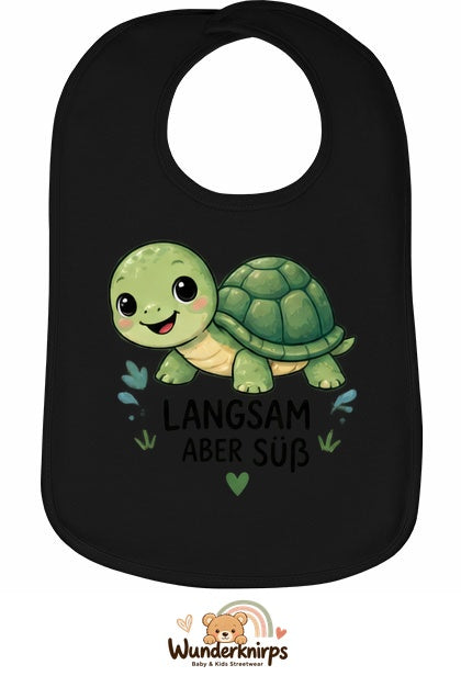 Baby-Lätzchen Olli-01 in Schwarz mit Motiv Langsam, aber süß – Schildkröte