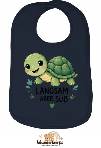 Baby-Lätzchen Olli-01 in Marineblau mit Motiv Langsam, aber süß – Schildkröte