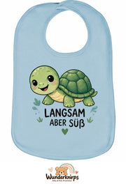 Baby-Lätzchen Olli-01 in Pastellblau mit Motiv Langsam, aber süß – Schildkröte