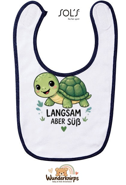 Baby-Lätzchen SOL’S Babib in Weiß / Marineblau mit Motiv Langsam, aber süß – Schildkröte