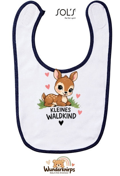 Baby-Lätzchen SOL’S Babib in Weiß / Marineblau mit Motiv Kleines Waldkind – Reh