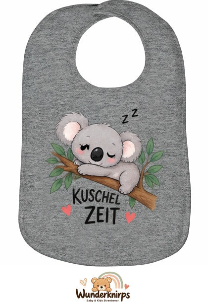 Baby-Lätzchen Olli-01 in Grau meliert mit Motiv Kuschelzeit – Koala