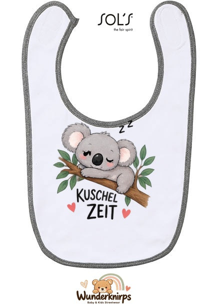 Baby-Lätzchen SOL’S Babib in Weiß / Grau meliert mit Motiv Kuschelzeit – Koala