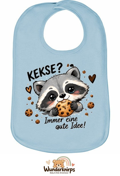 Baby-Lätzchen Olli-01 in Pastellblau mit Motiv Kekse? Immer eine gute Idee!