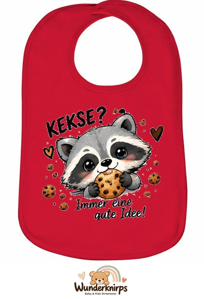 Baby-Lätzchen Olli-01 in Rot mit Motiv Kekse? Immer eine gute Idee!