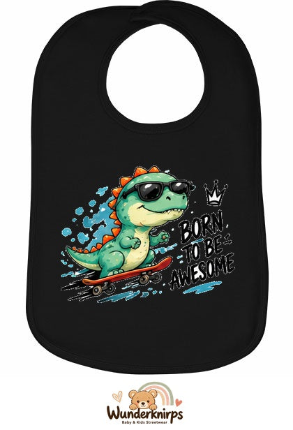 Baby-Lätzchen Olli-01 in Schwarz mit Motiv Born to be Awesome – Dino