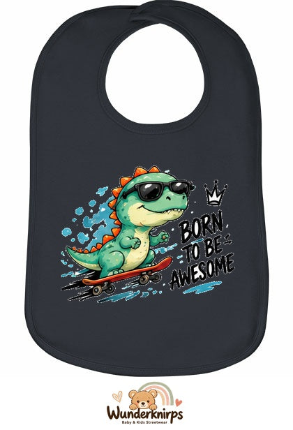 Baby-Lätzchen Olli-01 in Anthrazit mit Motiv Born to be Awesome – Dino