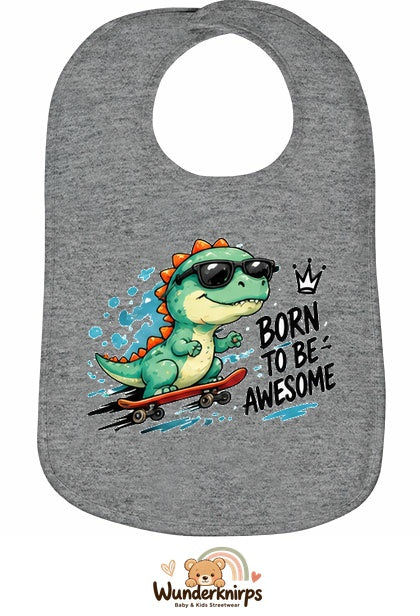 Baby-Lätzchen Olli-01 in Grau meliert mit Motiv Born to be Awesome – Dino