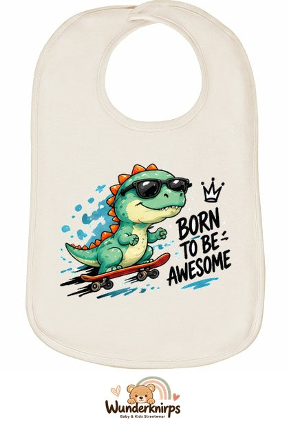 Baby-Lätzchen Olli-01 in Natur mit Motiv Born to be Awesome – Dino