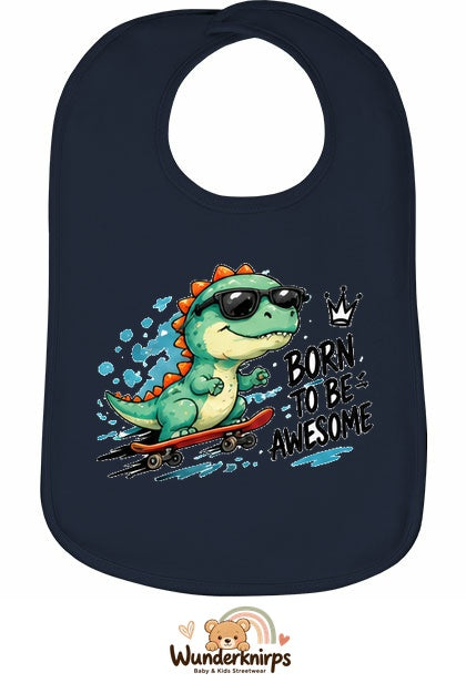Baby-Lätzchen Olli-01 in Marineblau mit Motiv Born to be Awesome – Dino