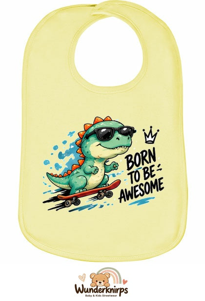 Baby-Lätzchen Olli-01 in Pastellgelb mit Motiv Born to be Awesome – Dino