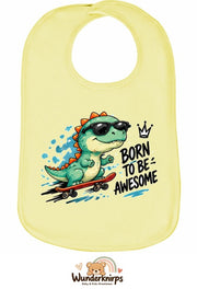 Baby-Lätzchen Olli-01 in Pastellgelb mit Motiv Born to be Awesome – Dino