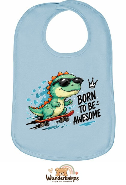 Baby-Lätzchen Olli-01 in Pastellblau mit Motiv Born to be Awesome – Dino