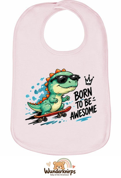 Baby-Lätzchen Olli-01 in Pastellrosa mit Motiv Born to be Awesome – Dino