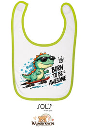 Baby-Lätzchen SOL’S Babib in Weiß / Apfelgrün mit Motiv Born to be Awesome – Dino