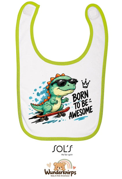 Baby-Lätzchen SOL’S Babib in Weiß / Apfelgrün mit Motiv Born to be Awesome – Dino