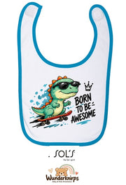 Baby-Lätzchen SOL’S Babib in Weiß / Aqua mit Motiv Born to be Awesome – Dino