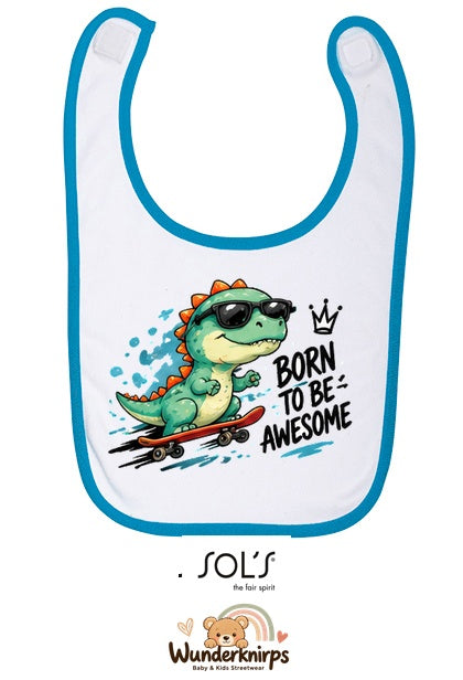 Baby-Lätzchen SOL’S Babib in Weiß / Aqua mit Motiv Born to be Awesome – Dino