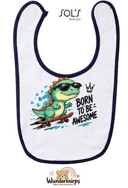 Baby-Lätzchen SOL’S Babib in Weiß / Marineblau mit Motiv Born to be Awesome – Dino