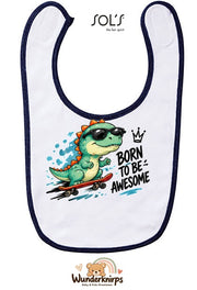 Baby-Lätzchen SOL’S Babib in Weiß / Marineblau mit Motiv Born to be Awesome – Dino