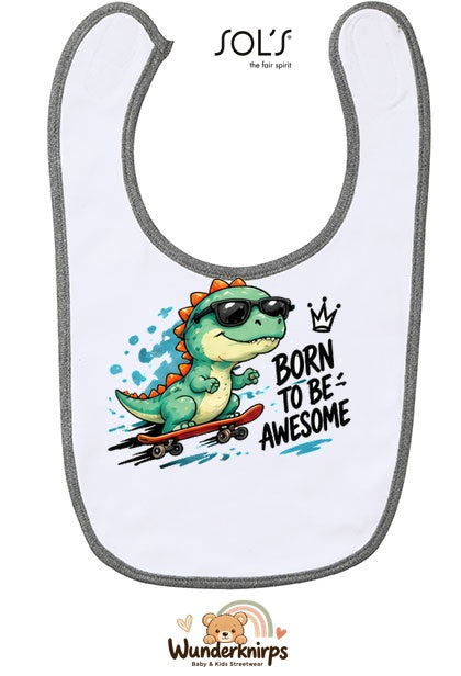 Baby-Lätzchen SOL’S Babib in Weiß / Grau meliert mit Motiv Born to be Awesome – Dino