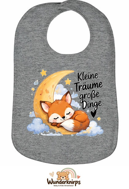 Baby-Lätzchen Olli-01 in Grau meliert mit Motiv Kleine Träume – Fuchs